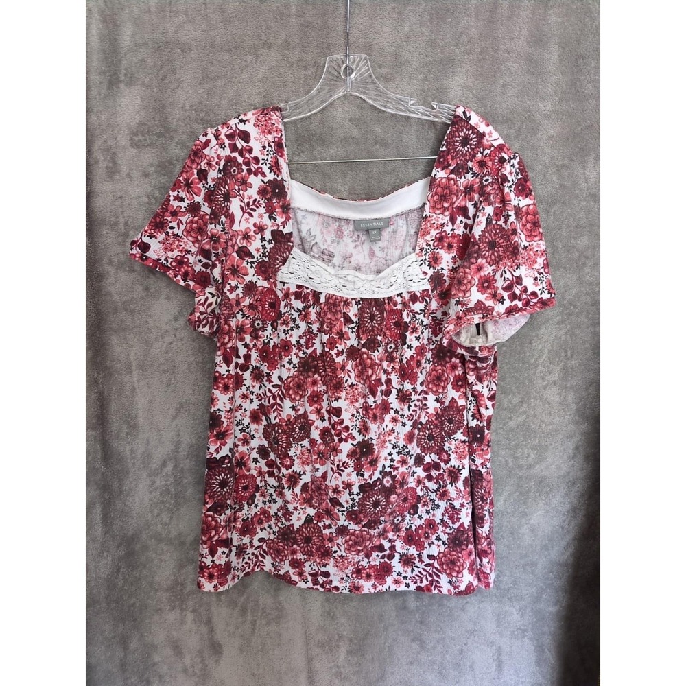 Cottagecore Plus Size Top 2X Square Neck‎ Lace Trim Floral Print Feminine
